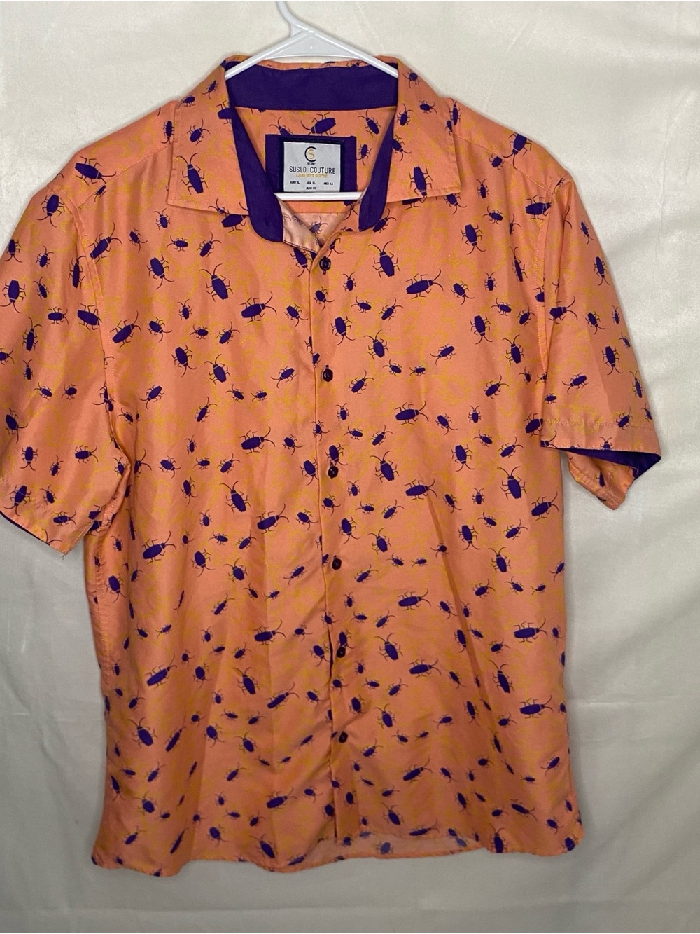 Suslo Couture Men XL Slim Fit Shirt Orange Purple Roach Beetle Bug Insect